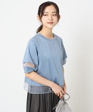 F1KGA56110 MK MICHEL KLEIN(小さいサイズ)(メゾン ドゥ サンク) 【小さいサイズ】シアー切替えランタンスリーブカットソー/接触冷感/洗える ライトブルー