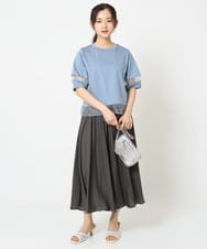 F1KGA56110 MK MICHEL KLEIN(小さいサイズ)(メゾン ドゥ サンク) 【小さいサイズ】シアー切替えランタンスリーブカットソー/接触冷感/洗える ライトブルー