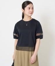 F1KGA56110 MK MICHEL KLEIN(小さいサイズ)(メゾン ドゥ サンク) 【小さいサイズ】シアー切替えランタンスリーブカットソー/接触冷感/洗える ライトブルー