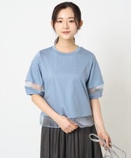 F1KGA56110 MK MICHEL KLEIN(小さいサイズ)(メゾン ドゥ サンク) 【小さいサイズ】シアー切替えランタンスリーブカットソー/接触冷感/洗える ライトブルー