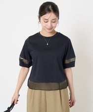 F1KGA56110 MK MICHEL KLEIN(小さいサイズ)(メゾン ドゥ サンク) 【小さいサイズ】シアー切替えランタンスリーブカットソー/接触冷感/洗える ネイビー