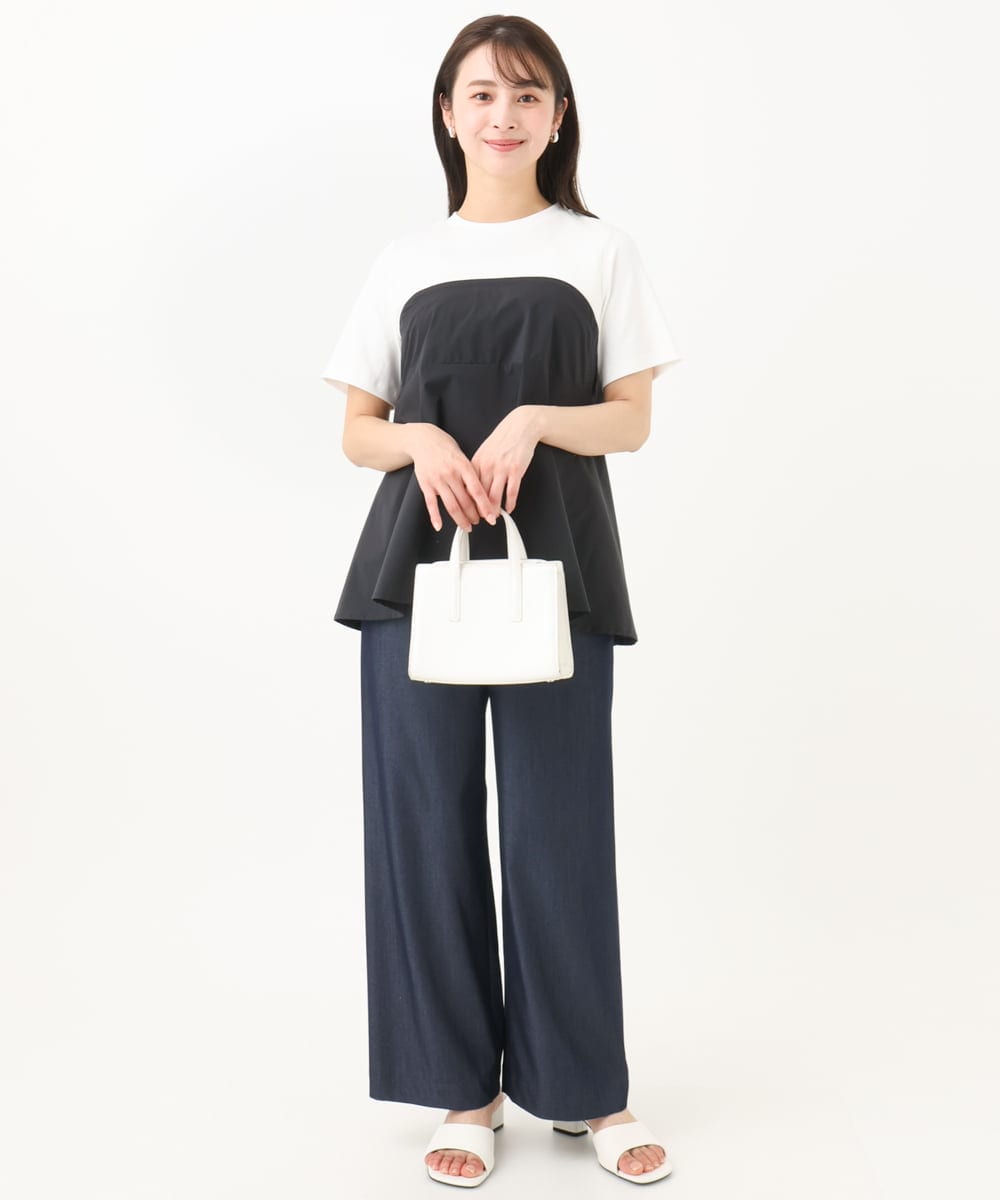 F1KGC41120 MK MICHEL KLEIN(小さいサイズ)(メゾン ドゥ サンク) 【小さいサイズ】ビスチェレイヤード風フレアーTシャツ(無地)/洗える ホワイト×チャコール