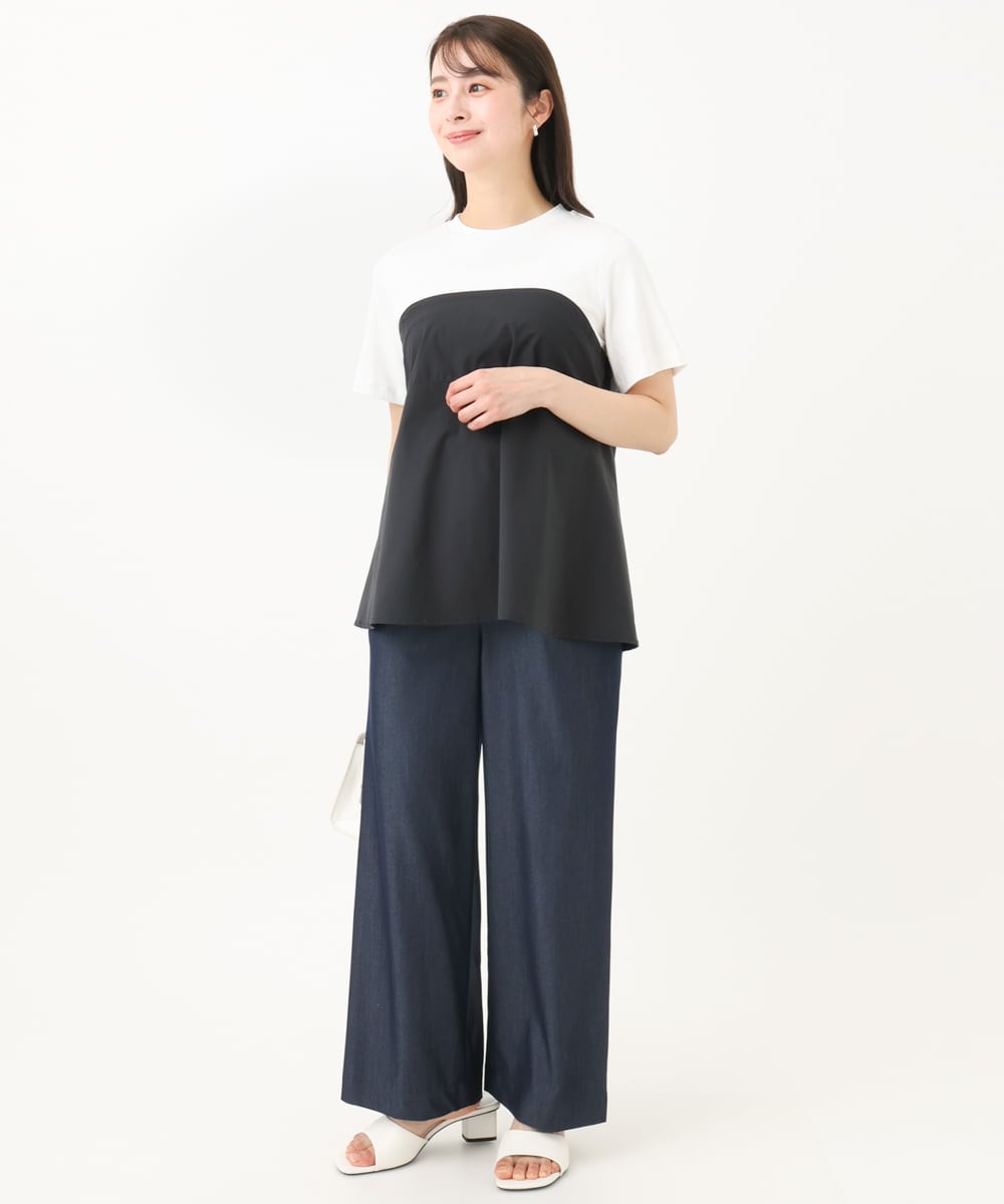 F1KGC41120 MK MICHEL KLEIN(小さいサイズ)(メゾン ドゥ サンク) 【小さいサイズ】ビスチェレイヤード風フレアーTシャツ(無地)/洗える ホワイト×チャコール
