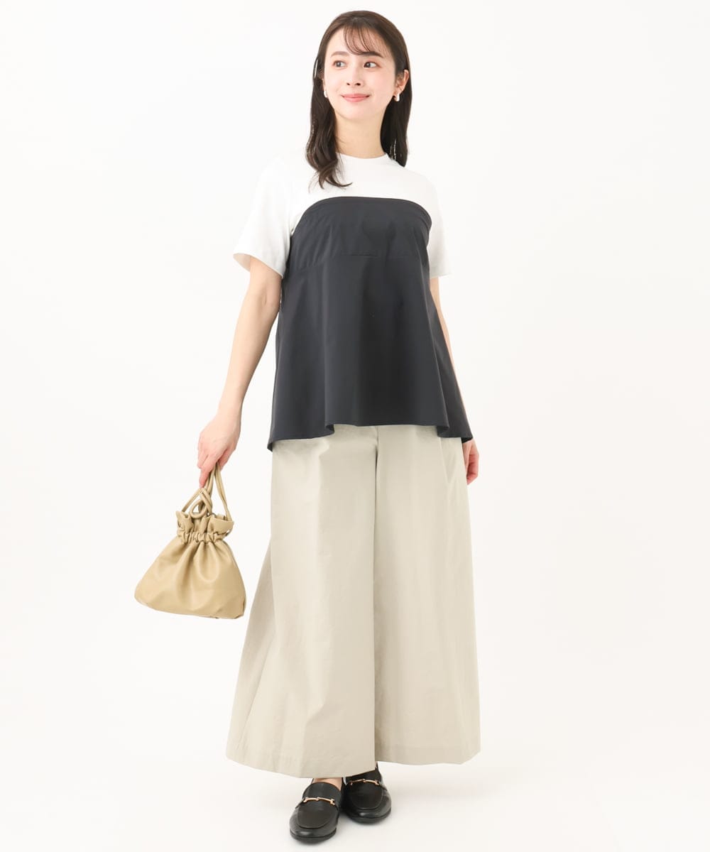 F1KGC41120 MK MICHEL KLEIN(小さいサイズ)(メゾン ドゥ サンク) 【小さいサイズ】ビスチェレイヤード風フレアーTシャツ(無地)/洗える ホワイト×チャコール