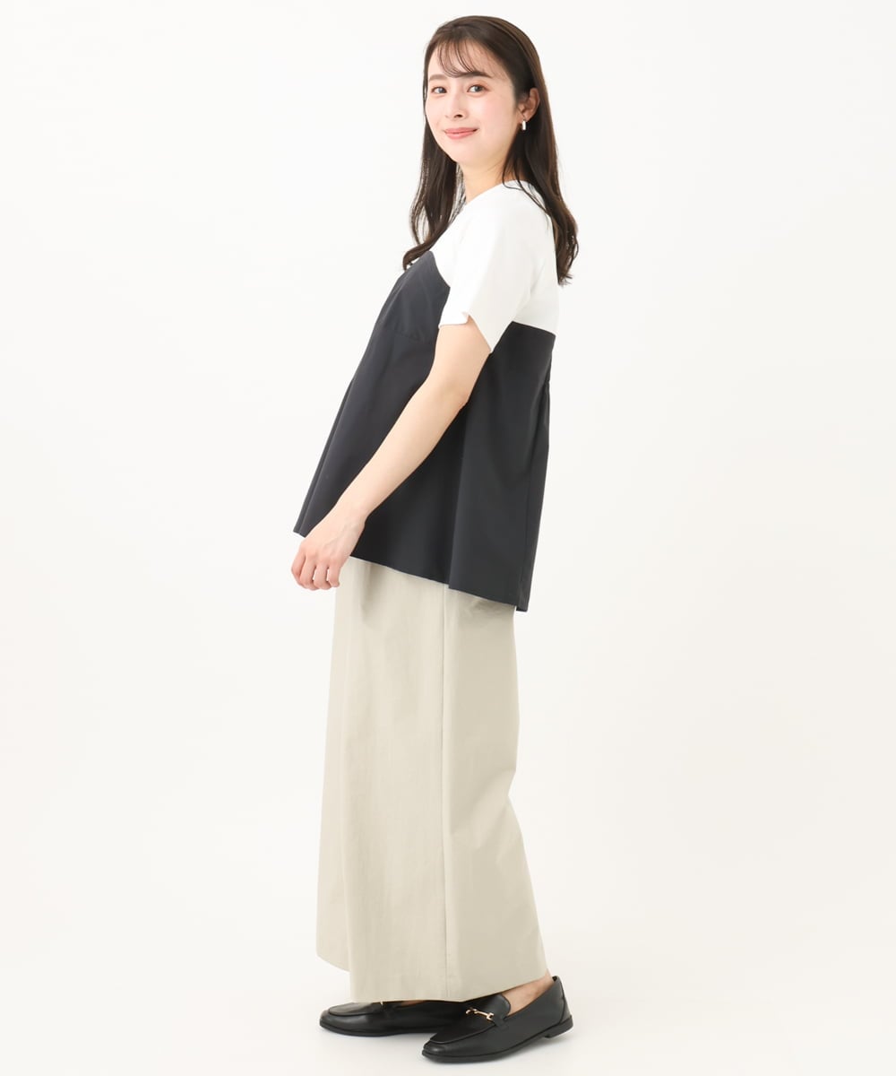 F1KGC41120 MK MICHEL KLEIN(小さいサイズ)(メゾン ドゥ サンク) 【小さいサイズ】ビスチェレイヤード風フレアーTシャツ(無地)/洗える ホワイト×チャコール