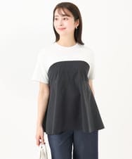 F1KGC41120 MK MICHEL KLEIN(小さいサイズ)(メゾン ドゥ サンク) 【小さいサイズ】ビスチェレイヤード風フレアーTシャツ(無地)/洗える ホワイト×チャコール