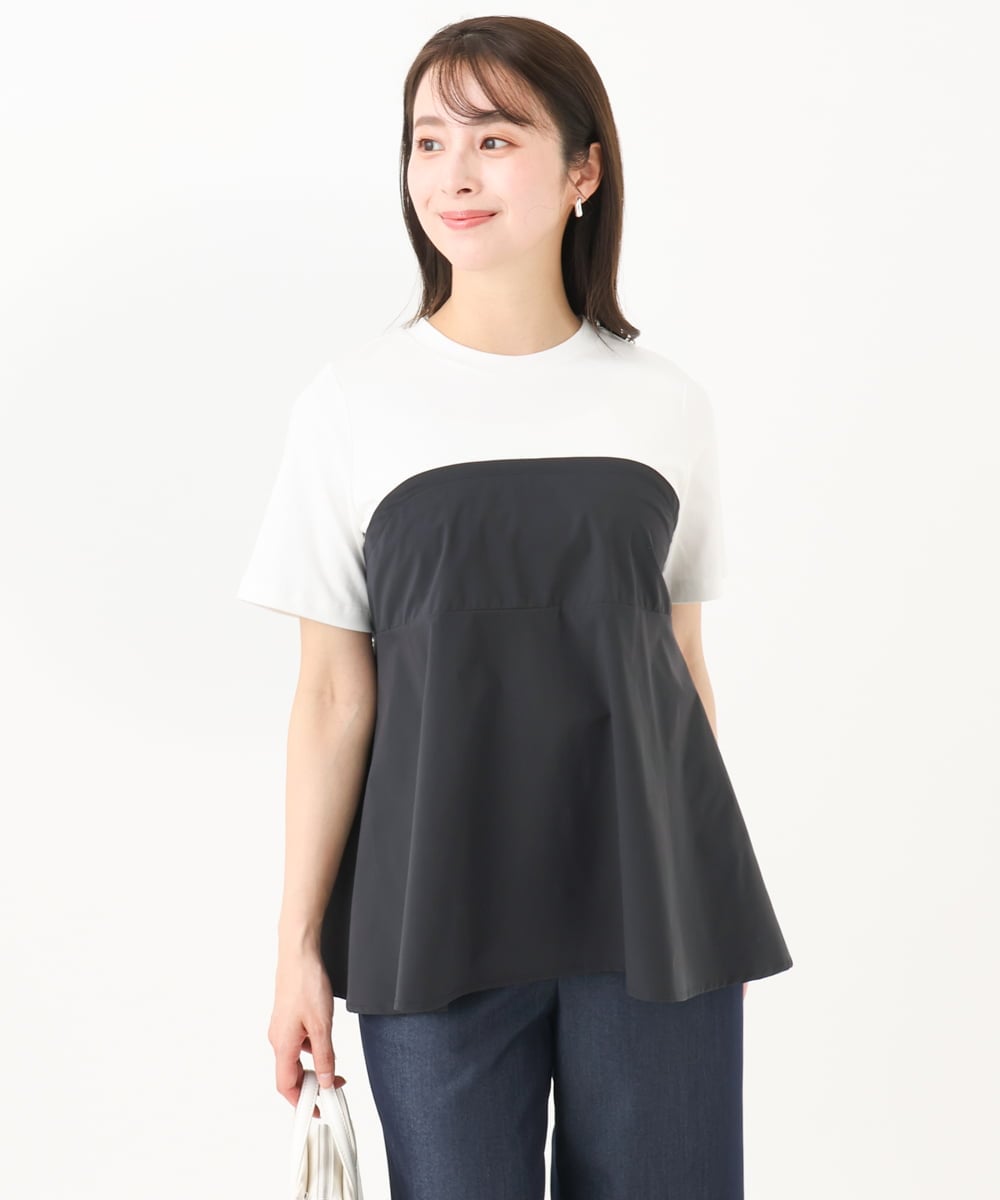 F1KGC41120 MK MICHEL KLEIN(小さいサイズ)(メゾン ドゥ サンク) 【小さいサイズ】ビスチェレイヤード風フレアーTシャツ(無地)/洗える ホワイト×チャコール