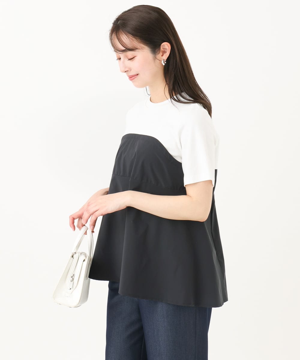 F1KGC41120 MK MICHEL KLEIN(小さいサイズ)(メゾン ドゥ サンク) 【小さいサイズ】ビスチェレイヤード風フレアーTシャツ(無地)/洗える ホワイト×チャコール