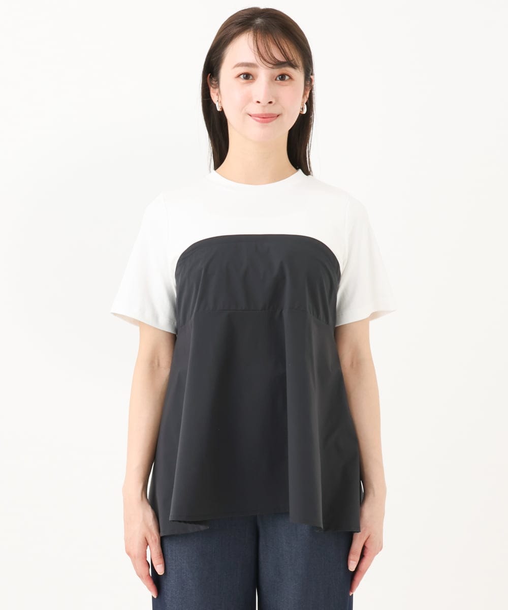 F1KGC41120 MK MICHEL KLEIN(小さいサイズ)(メゾン ドゥ サンク) 【小さいサイズ】ビスチェレイヤード風フレアーTシャツ(無地)/洗える ホワイト×チャコール