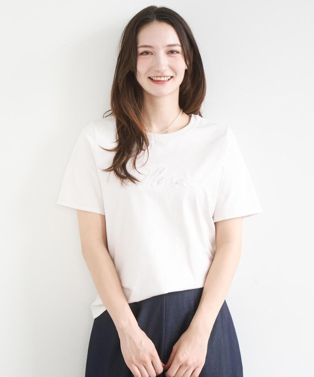 F1KGD30090 MK MICHEL KLEIN(小さいサイズ)(メゾン ドゥ サンク) 【小さいサイズ】ビーズ刺繍ロゴTシャツ/洗える ベージュ