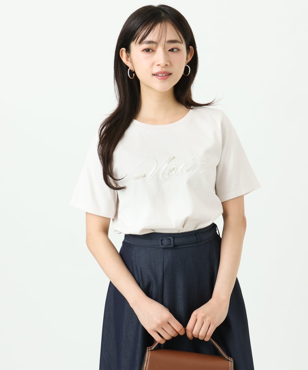 F1KGD30090 MK MICHEL KLEIN(小さいサイズ)(メゾン ドゥ サンク) 【小さいサイズ】ビーズ刺繍ロゴTシャツ/洗える ベージュ