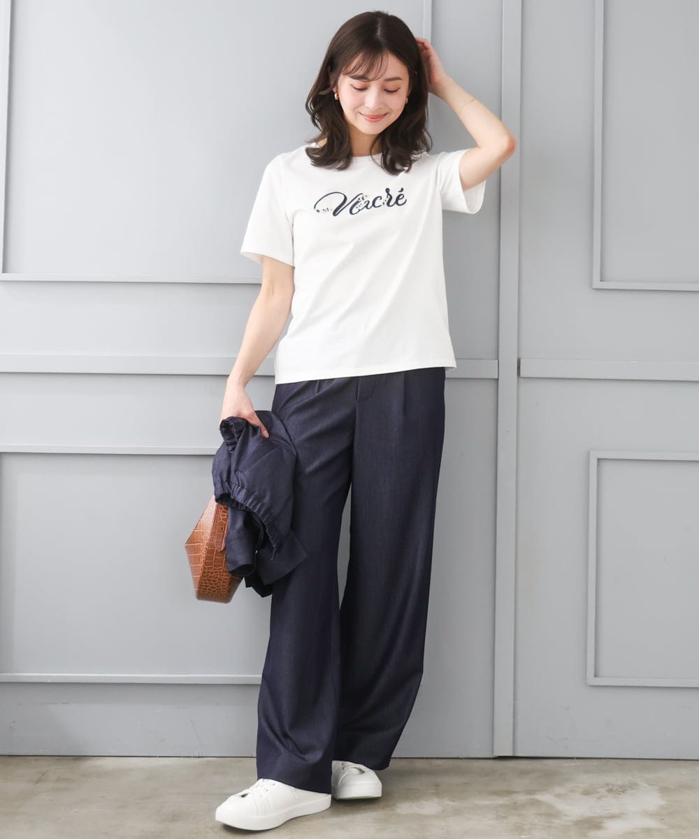 F1KGD30090 MK MICHEL KLEIN(小さいサイズ)(メゾン ドゥ サンク) 【小さいサイズ】ビーズ刺繍ロゴTシャツ/洗える ベージュ