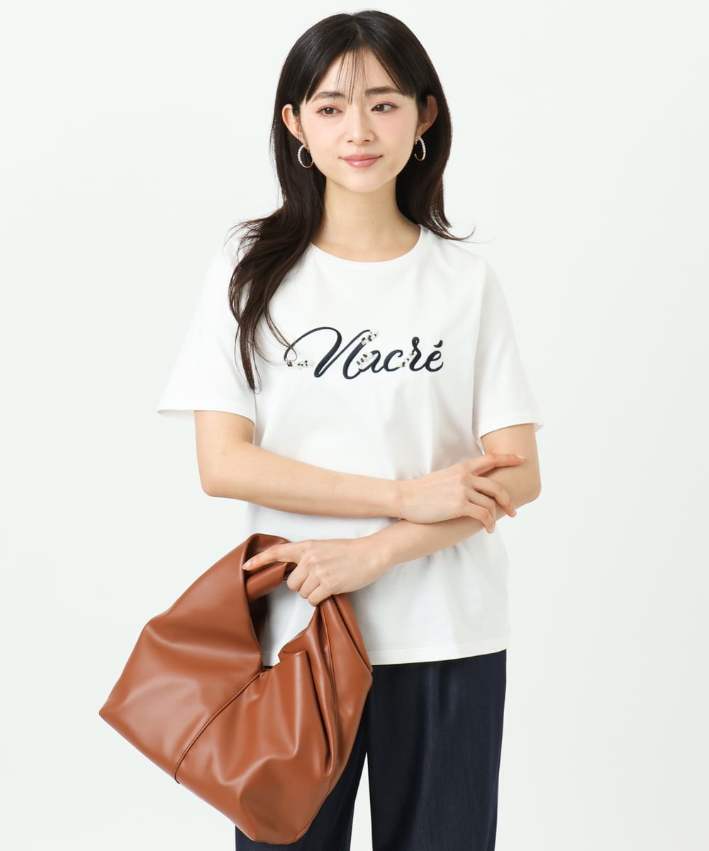 F1KGD30090 MK MICHEL KLEIN(小さいサイズ)(メゾン ドゥ サンク) 【小さいサイズ】ビーズ刺繍ロゴTシャツ/洗える ベージュ