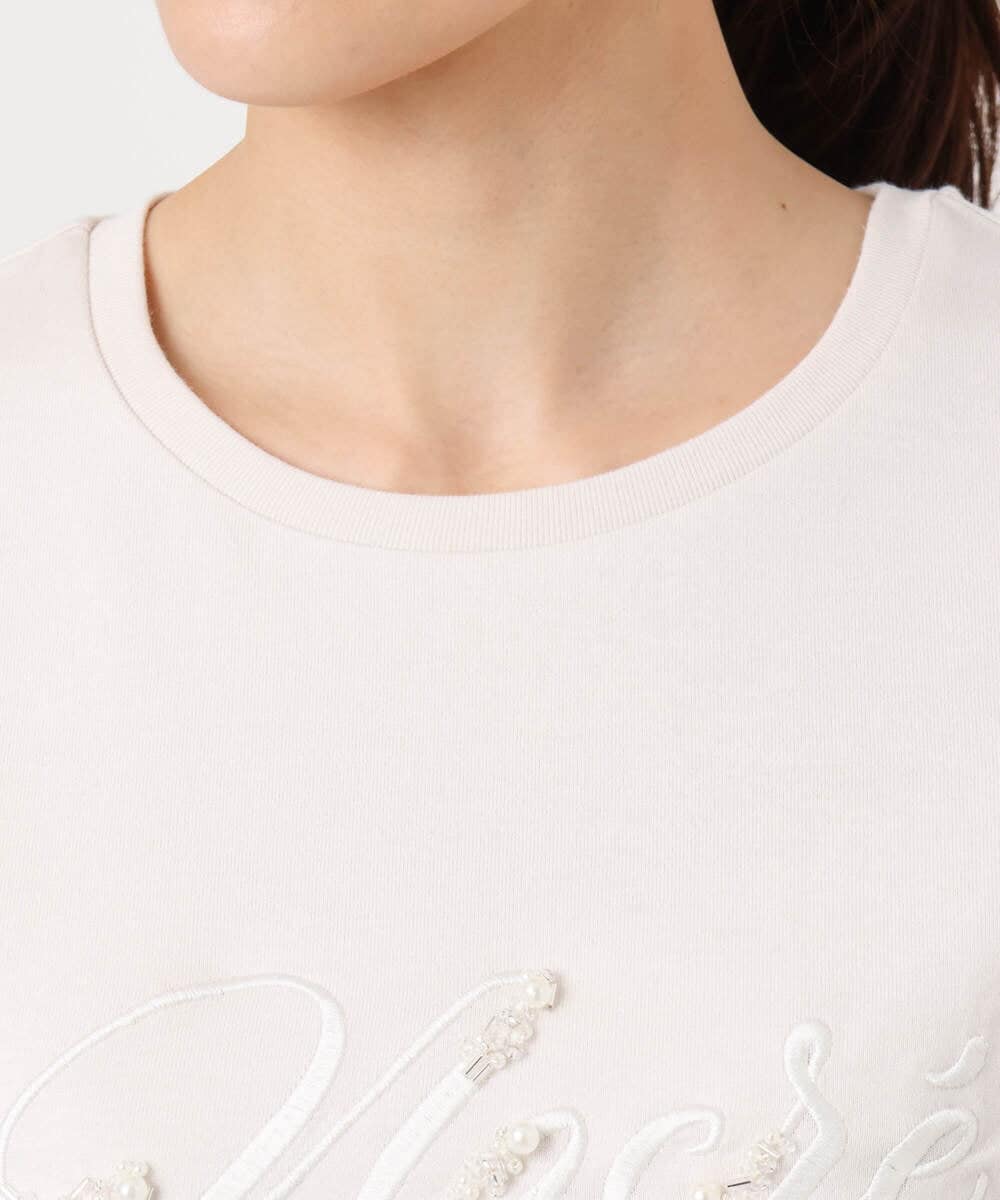 F1KGD30090 MK MICHEL KLEIN(小さいサイズ)(メゾン ドゥ サンク) 【小さいサイズ】ビーズ刺繍ロゴTシャツ/洗える ベージュ
