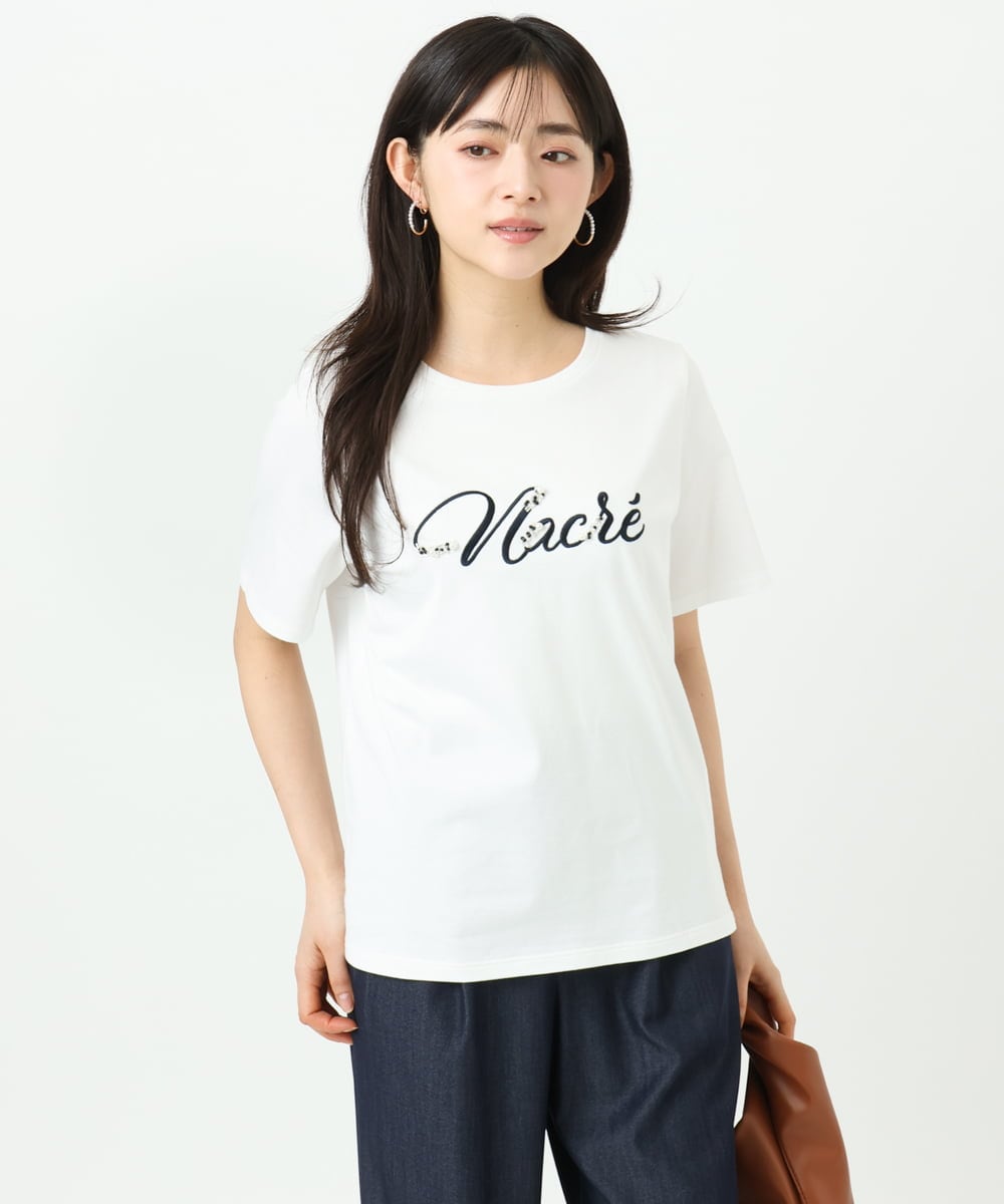F1KGD30090 MK MICHEL KLEIN(小さいサイズ)(メゾン ドゥ サンク) 【小さいサイズ】ビーズ刺繍ロゴTシャツ/洗える ベージュ