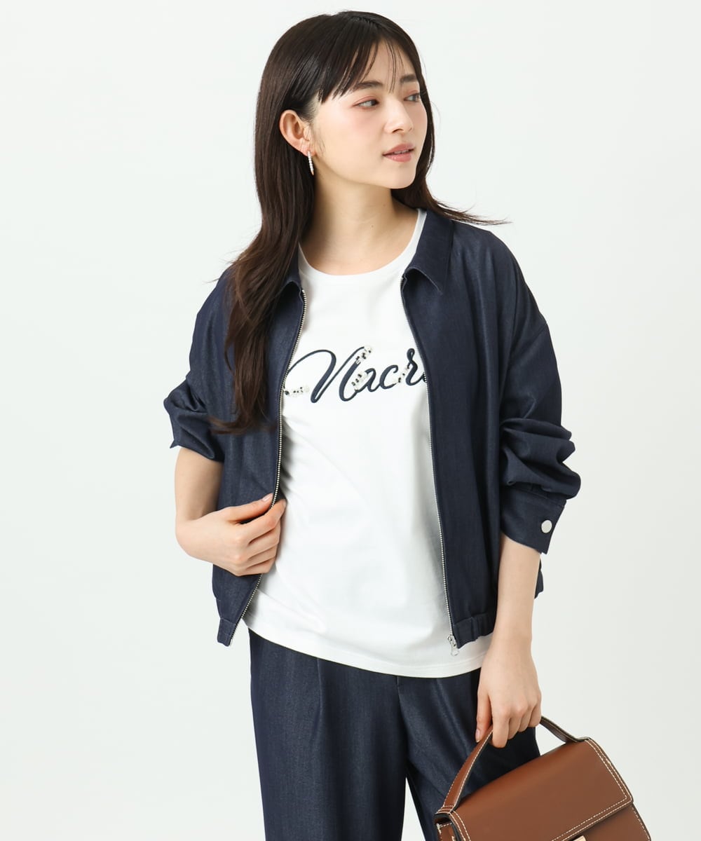 F1KGD30090 MK MICHEL KLEIN(小さいサイズ)(メゾン ドゥ サンク) 【小さいサイズ】ビーズ刺繍ロゴTシャツ/洗える ベージュ