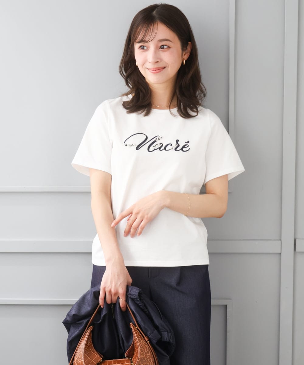 F1KGD30090 MK MICHEL KLEIN(小さいサイズ)(メゾン ドゥ サンク) 【小さいサイズ】ビーズ刺繍ロゴTシャツ/洗える ベージュ