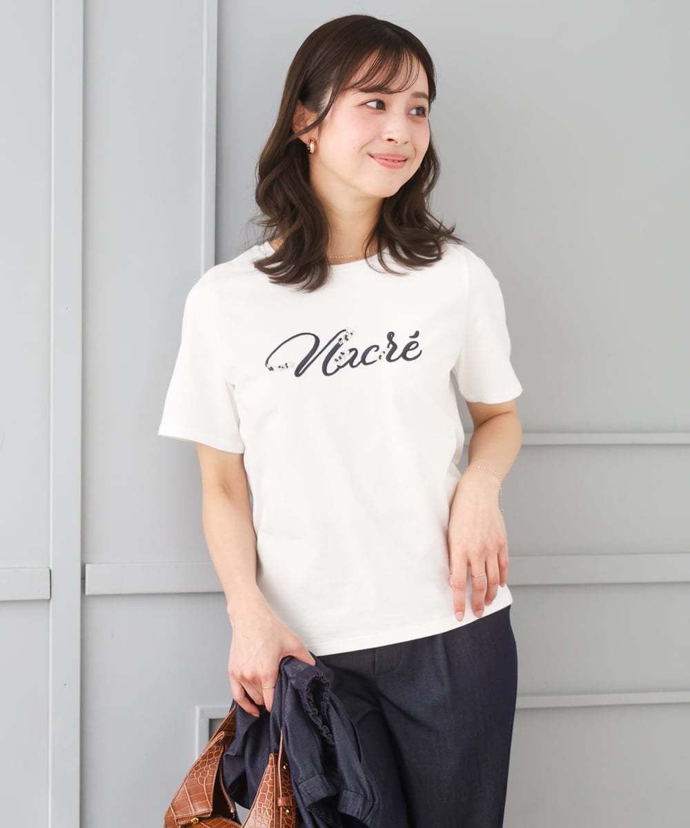 F1KGD30090 MK MICHEL KLEIN(小さいサイズ)(メゾン ドゥ サンク) 【小さいサイズ】ビーズ刺繍ロゴTシャツ/洗える ホワイト