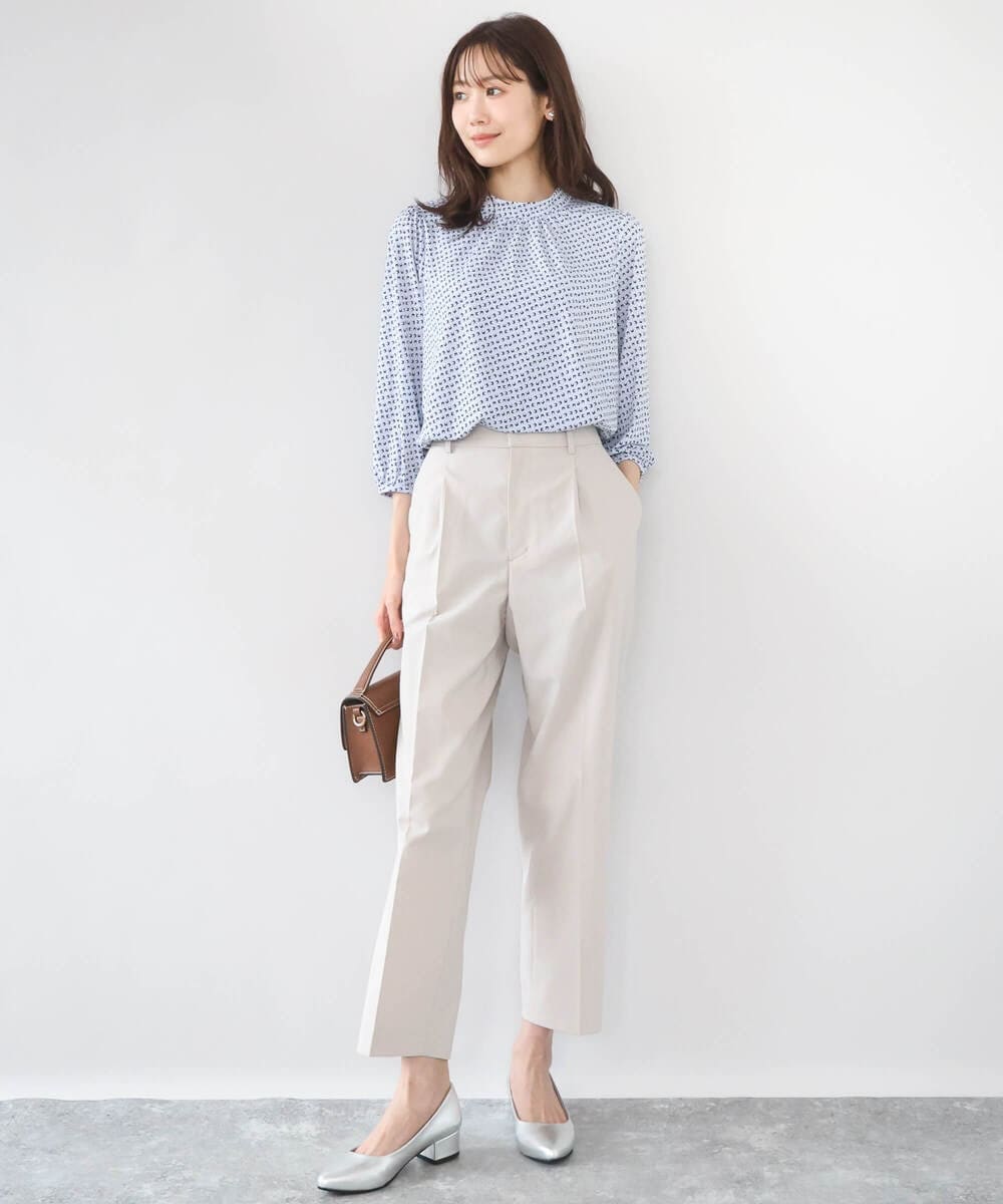 F1KGD31140 MK MICHEL KLEIN(小さいサイズ)(メゾン ドゥ サンク) 【小さいサイズ】幾何柄ジャージーカットソー/洗濯機で洗える ライトブルー