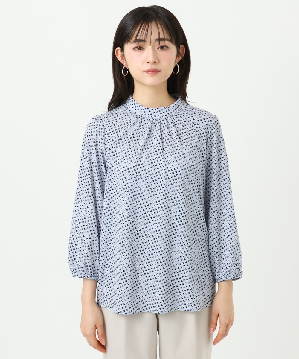 F1KGD31140 MK MICHEL KLEIN(小さいサイズ)(メゾン ドゥ サンク) 【小さいサイズ】幾何柄ジャージーカットソー/洗濯機で洗える ライトブルー