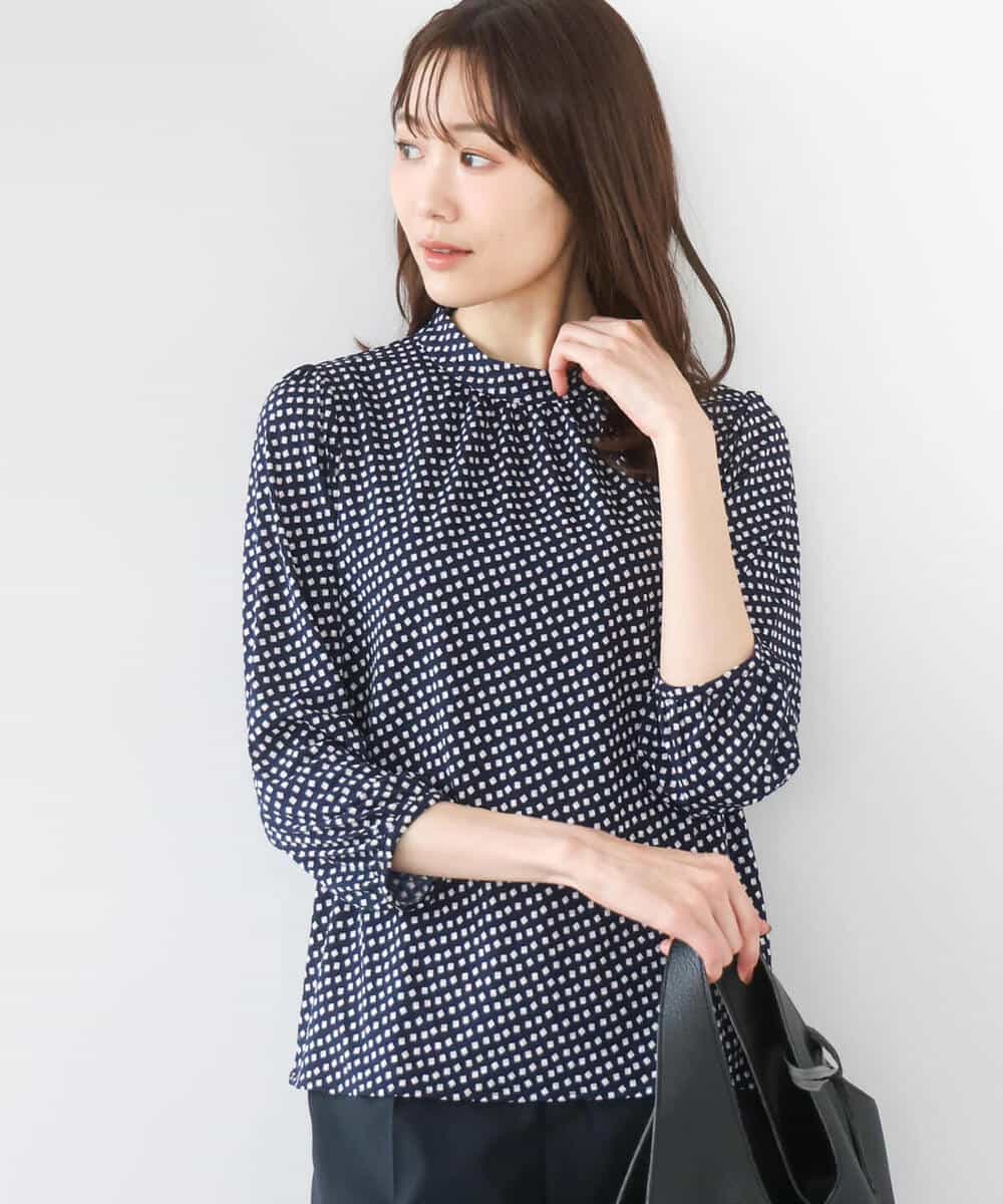 F1KGD31140 MK MICHEL KLEIN(小さいサイズ)(メゾン ドゥ サンク) 【小さいサイズ】幾何柄ジャージーカットソー/洗濯機で洗える ネイビー