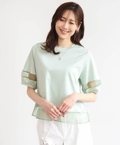 F1KGD56110  【小さいサイズ】[洗える]シアー切替えランタンスリーブカットソー