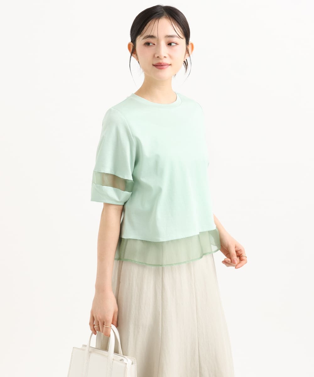 F1KGD56110 MK MICHEL KLEIN(小さいサイズ)(メゾン ドゥ サンク) 【小さいサイズ】[洗える]シアー切替えランタンスリーブカットソー ミント