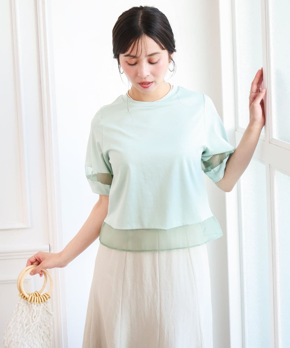 F1KGD56110 MK MICHEL KLEIN(小さいサイズ)(メゾン ドゥ サンク) 【小さいサイズ】[洗える]シアー切替えランタンスリーブカットソー ミント