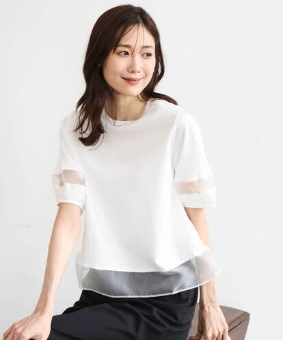 F1KGD56110 MK MICHEL KLEIN(小さいサイズ) 【小さいサイズ】[洗える]シアー切替えランタンスリーブカットソー