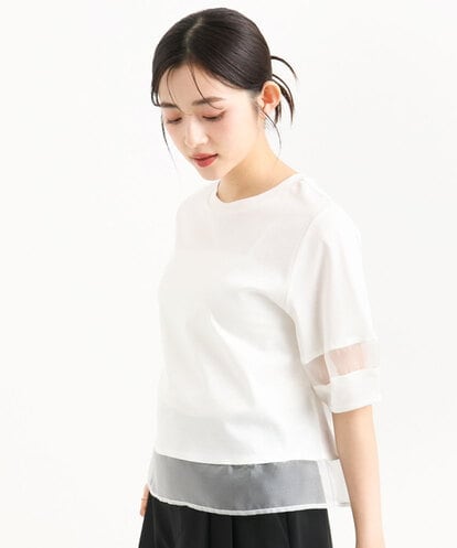 F1KGD56110 MK MICHEL KLEIN(小さいサイズ) 【小さいサイズ】[洗える]シアー切替えランタンスリーブカットソー