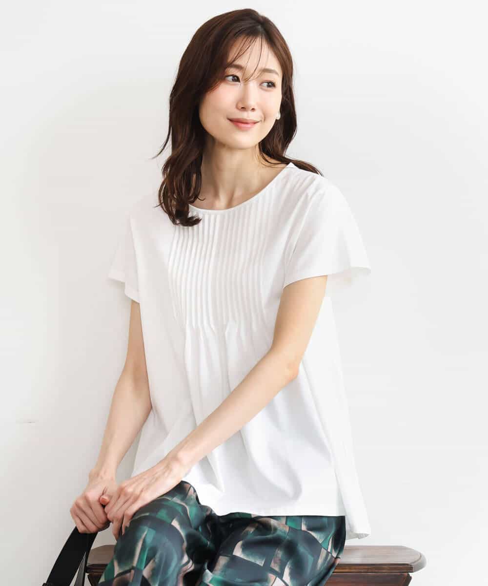 F1KGD62130 MK MICHEL KLEIN(小さいサイズ)(メゾン ドゥ サンク) 【小さいサイズ】[接触冷感/洗える]シルケット天竺Aラインカットソー ホワイト