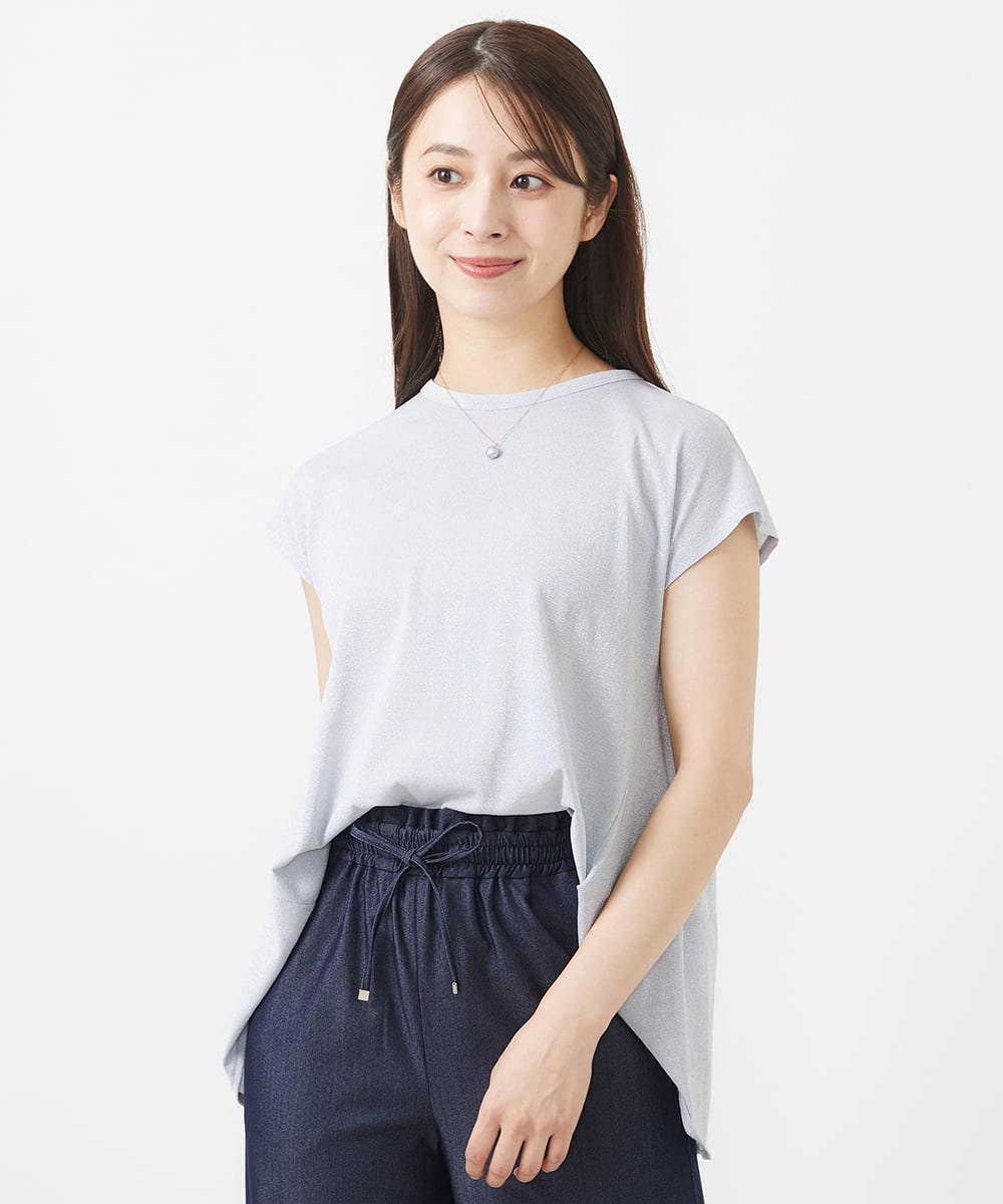 F1KIV72110 MK MICHEL KLEIN(小さいサイズ)(メゾン ドゥ サンク) 【小さいサイズ】ジャージーラメTシャツ/洗える ライトブルー