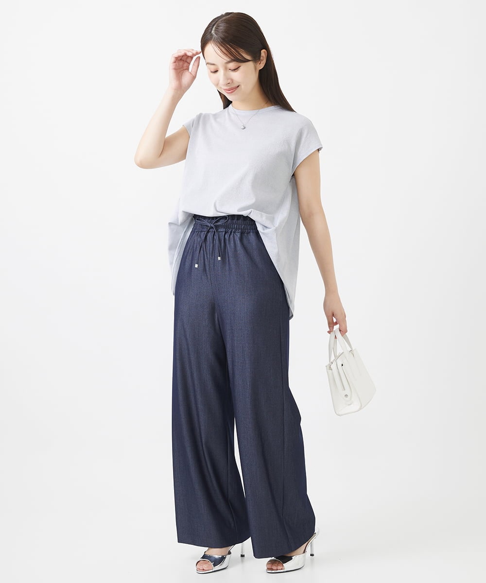 F1KIV72110 MK MICHEL KLEIN(小さいサイズ)(メゾン ドゥ サンク) 【小さいサイズ】ジャージーラメTシャツ/洗える ライトブルー