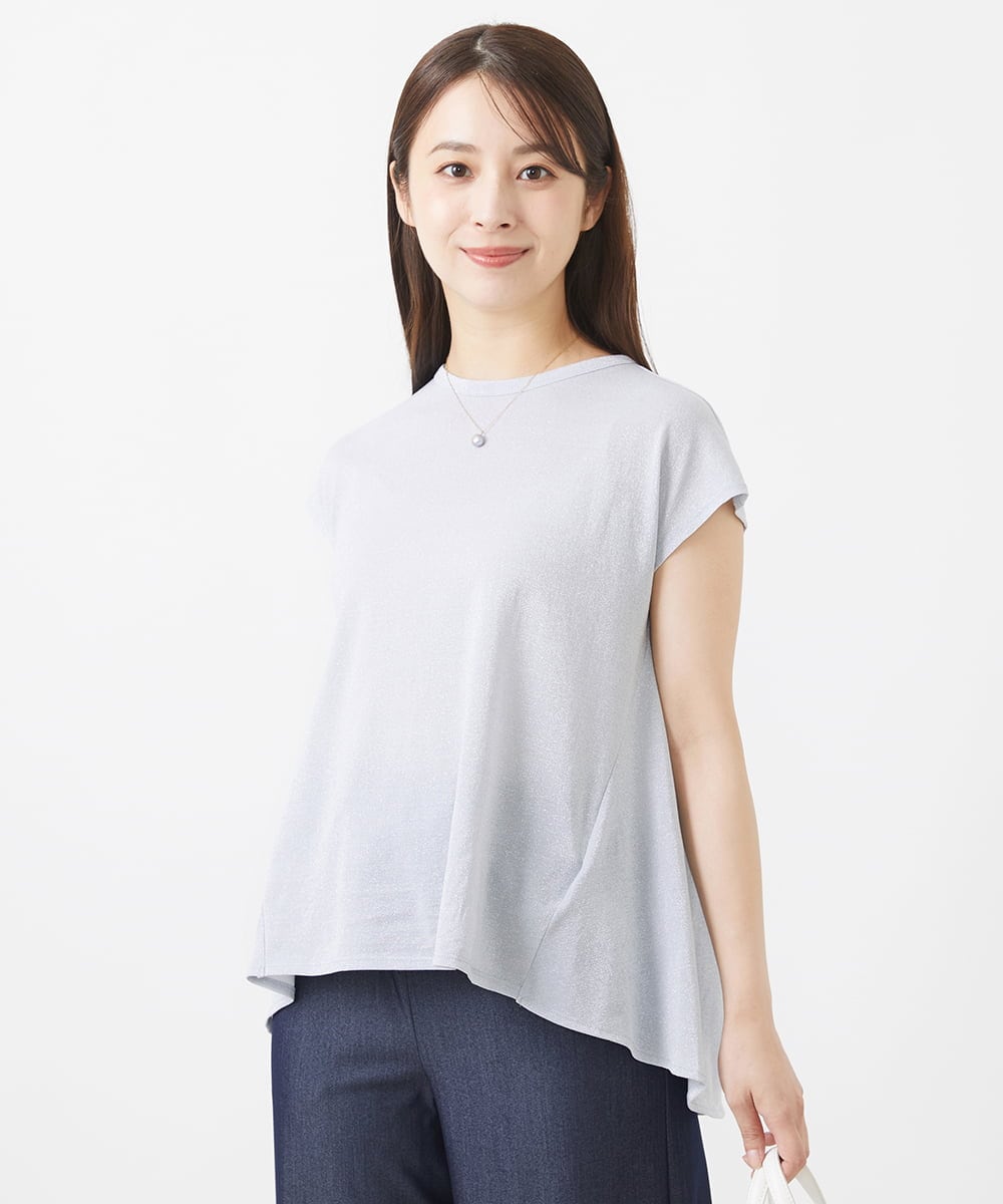 F1KIV72110 MK MICHEL KLEIN(小さいサイズ)(メゾン ドゥ サンク) 【小さいサイズ】ジャージーラメTシャツ/洗える ライトブルー