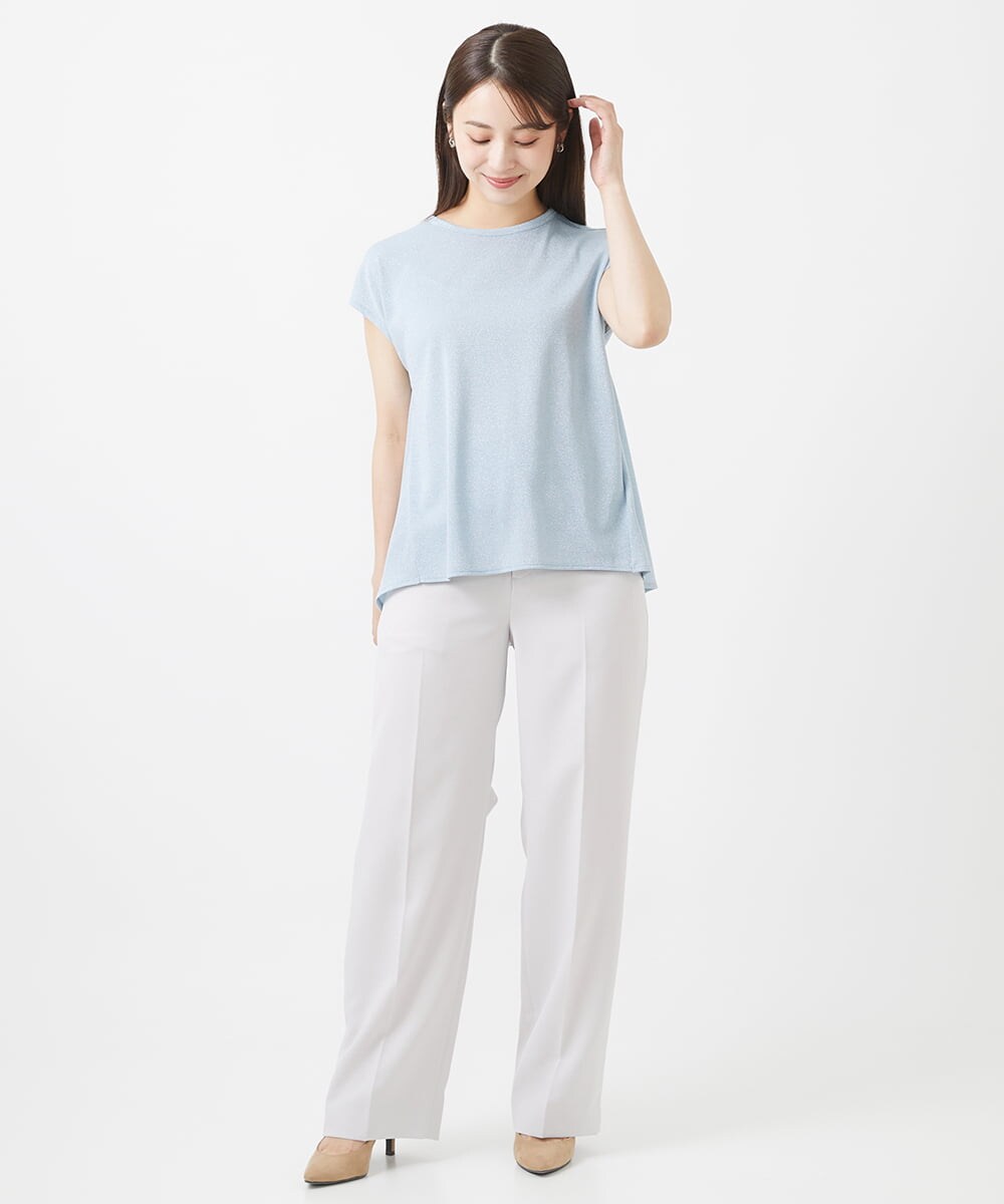 F1KIV72110 MK MICHEL KLEIN(小さいサイズ)(メゾン ドゥ サンク) 【小さいサイズ】ジャージーラメTシャツ/洗える ライトブルー