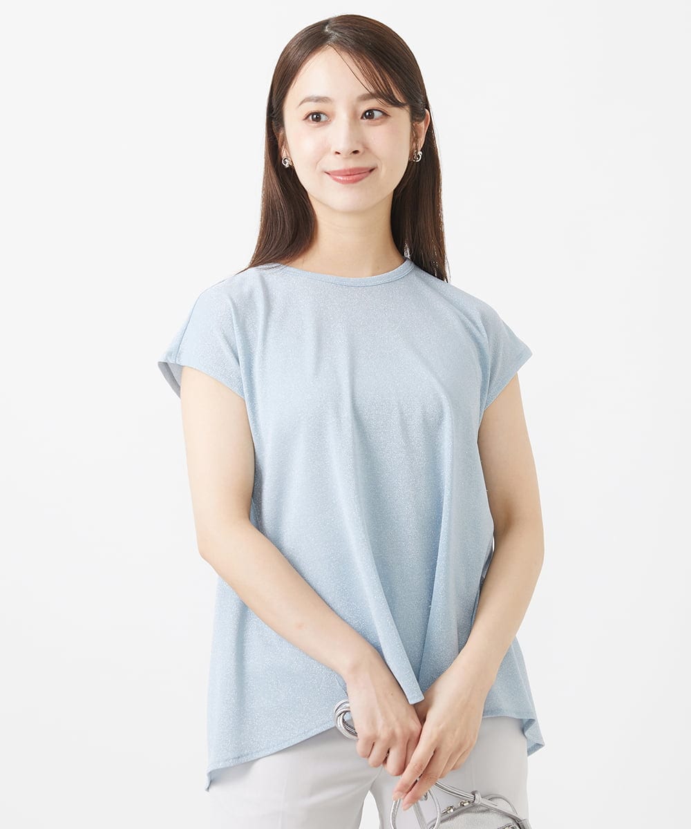 F1KIV72110 MK MICHEL KLEIN(小さいサイズ)(メゾン ドゥ サンク) 【小さいサイズ】ジャージーラメTシャツ/洗える ライトブルー