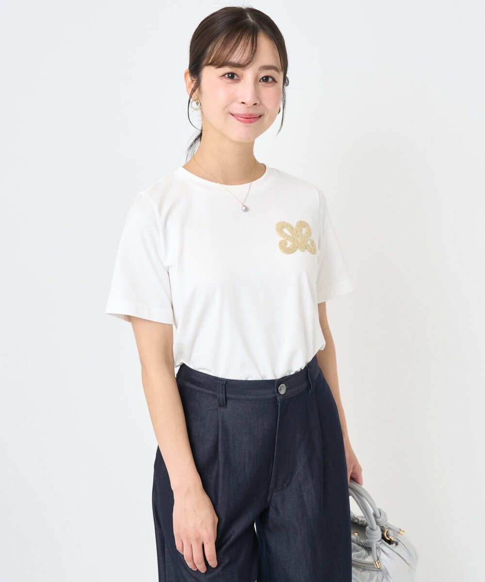 F1KJA21080 MK MICHEL KLEIN(小さいサイズ)(メゾン ドゥ サンク) 【小さいサイズ】イニシャル刺繍コットンTシャツ/UVカット/接触冷感/洗える ホワイト