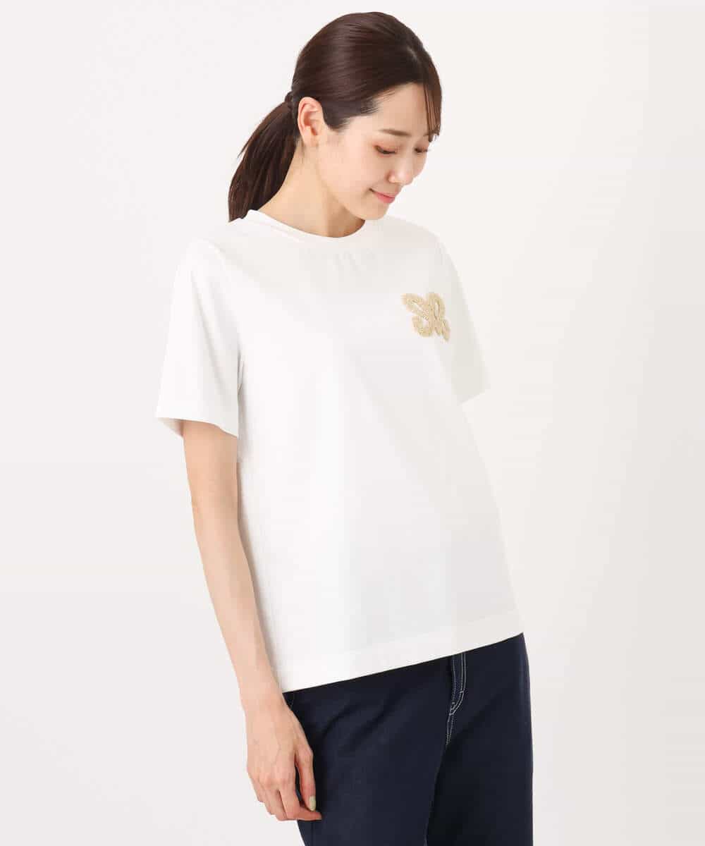 F1KJA21080 MK MICHEL KLEIN(小さいサイズ)(メゾン ドゥ サンク) 【小さいサイズ】イニシャル刺繍コットンTシャツ/UVカット/接触冷感/洗える ホワイト