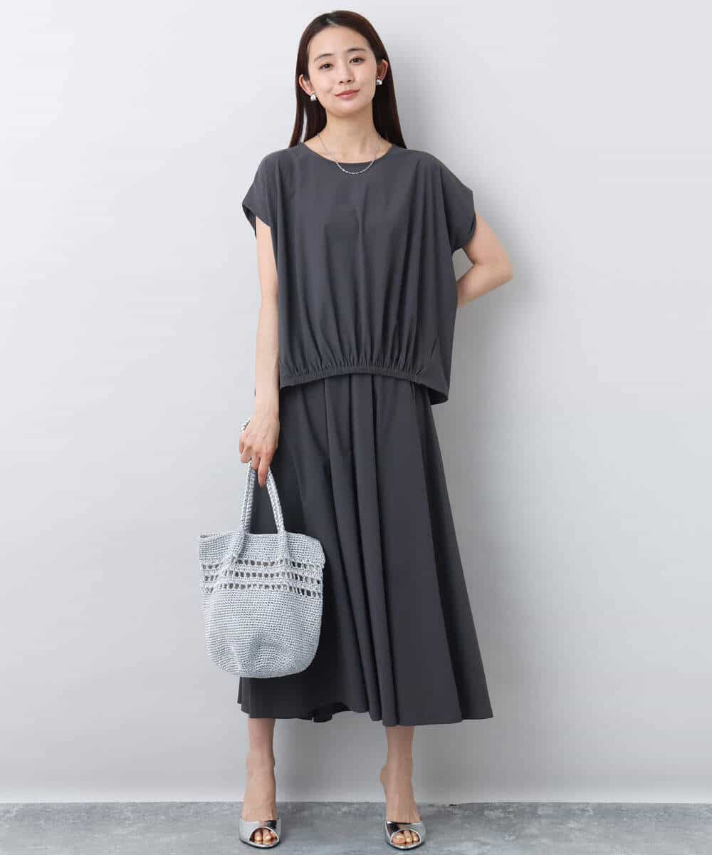 F1KJA73120 MK MICHEL KLEIN(小さいサイズ)(メゾン ドゥ サンク) 【小さいサイズ】フレンチスリーブジャージーカットソー/接触冷感/速乾/洗える/セットアップ対応 グレージュ