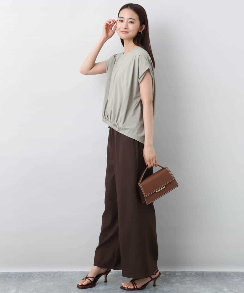 F1KJA73120 MK MICHEL KLEIN(小さいサイズ)(メゾン ドゥ サンク) 【小さいサイズ】フレンチスリーブジャージーカットソー/接触冷感/速乾/洗える/セットアップ対応 グレージュ