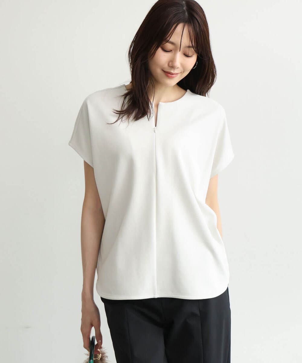 F1KJD22130 MK MICHEL KLEIN(小さいサイズ)(メゾン ドゥ サンク) 【小さいサイズ】[洗える]前後2way フロントジップデザインカットソー ダークグレー