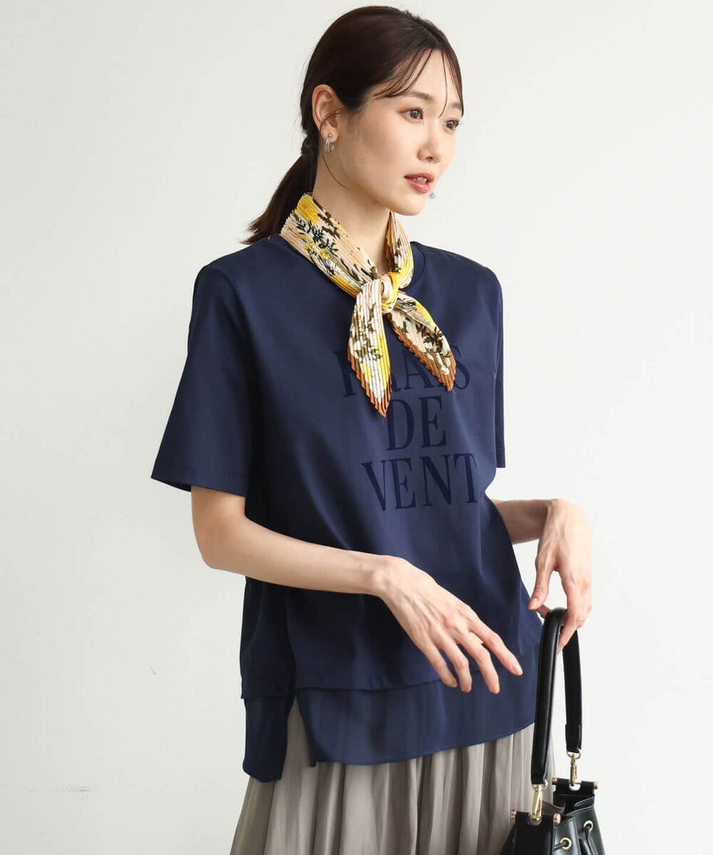F1KJD23090 MK MICHEL KLEIN(小さいサイズ)(メゾン ドゥ サンク) 【小さいサイズ】[洗える]シフォン切替えフロッキーロゴTシャツ ネイビー
