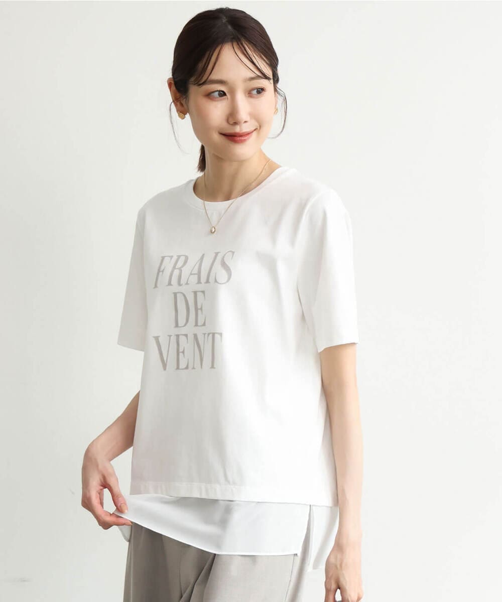 F1KJD23090 MK MICHEL KLEIN(小さいサイズ)(メゾン ドゥ サンク) 【小さいサイズ】[洗える]シフォン切替えフロッキーロゴTシャツ ホワイト