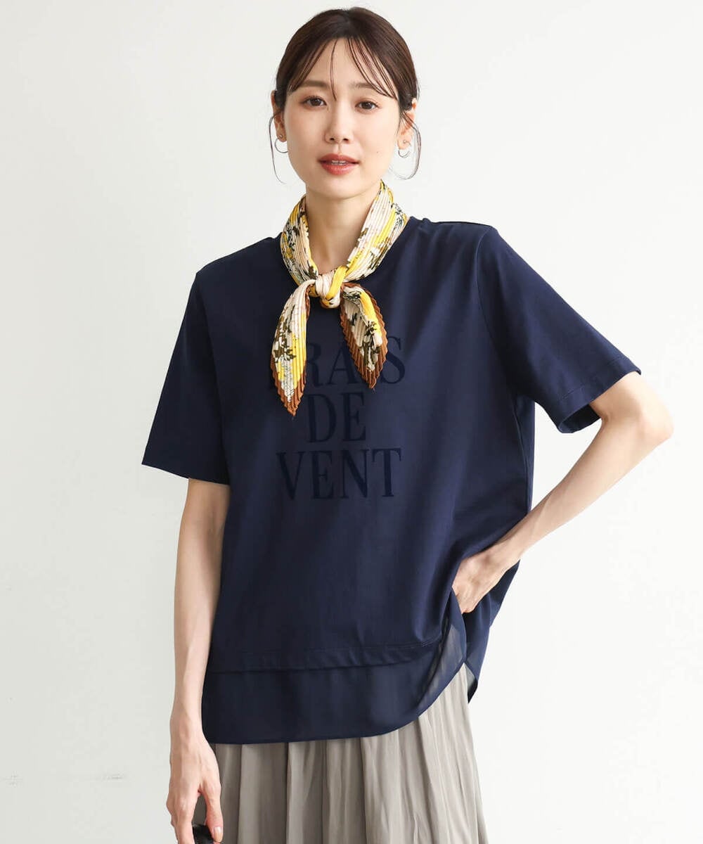 F1KJD23090 MK MICHEL KLEIN(小さいサイズ)(メゾン ドゥ サンク) 【小さいサイズ】[洗える]シフォン切替えフロッキーロゴTシャツ ホワイト