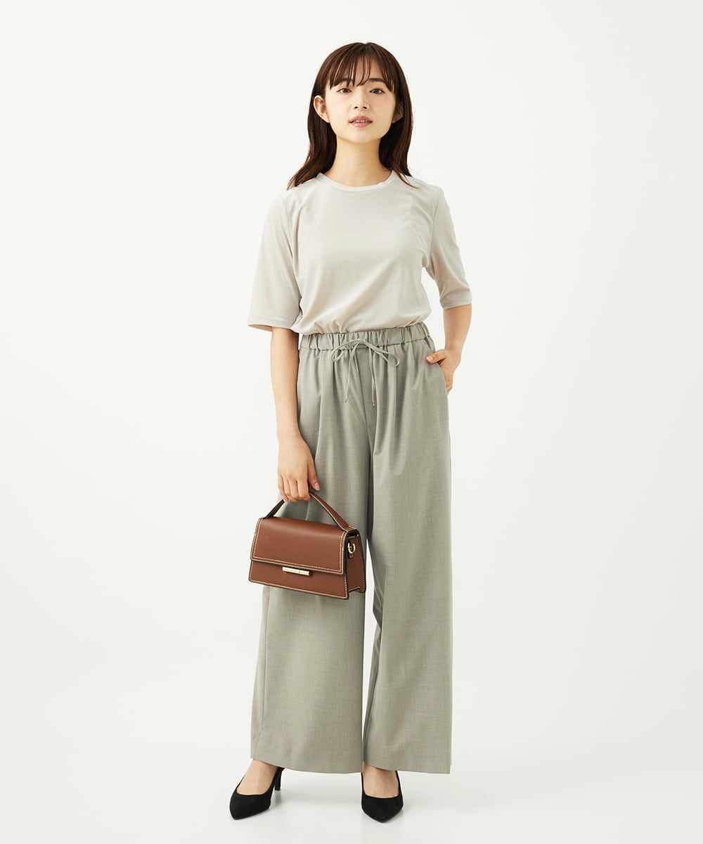 F1LAD34160 MK MICHEL KLEIN(小さいサイズ)(メゾン ドゥ サンク) 【小さいサイズ】ストレートワイドパンツ(ストライプ・無地)/洗える ベージュ（無地）