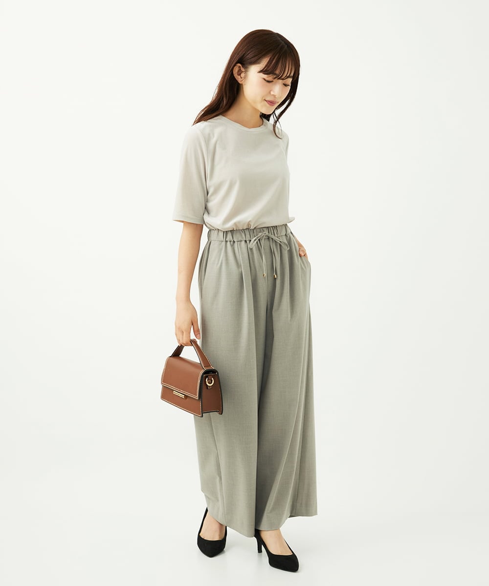 F1LAD34160 MK MICHEL KLEIN(小さいサイズ)(メゾン ドゥ サンク) 【小さいサイズ】ストレートワイドパンツ(ストライプ・無地)/洗える ベージュ（無地）