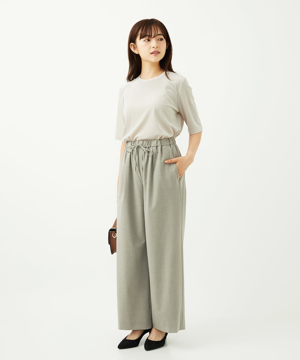 F1LAD34160 MK MICHEL KLEIN(小さいサイズ)(メゾン ドゥ サンク) 【小さいサイズ】ストレートワイドパンツ(ストライプ・無地)/洗える ベージュ（無地）