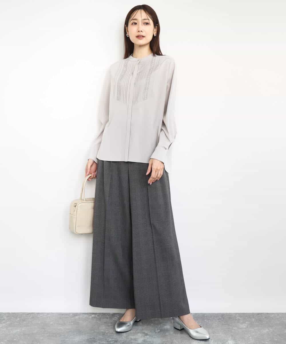 F1LAD45160 MK MICHEL KLEIN(小さいサイズ)(メゾン ドゥ サンク) 【小さいサイズ】ストレートワイドシルエットパンツ（無地・チェック）/洗える グレー（チェック）