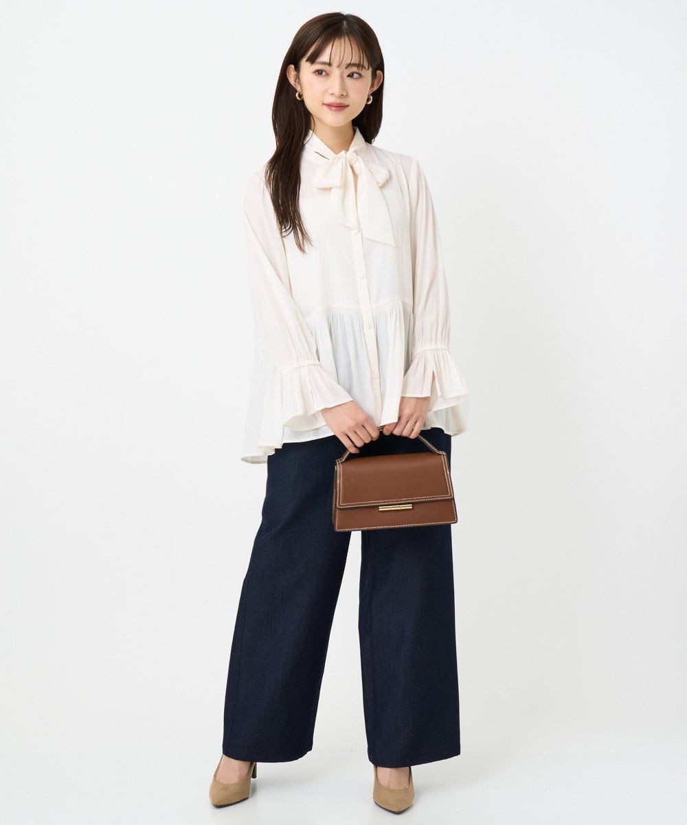 F1LAD52180 MK MICHEL KLEIN(小さいサイズ)(メゾン ドゥ サンク) 【小さいサイズ】裏起毛ブーツカットシルエットデニムワイドパンツ/洗濯機で洗える ネイビー