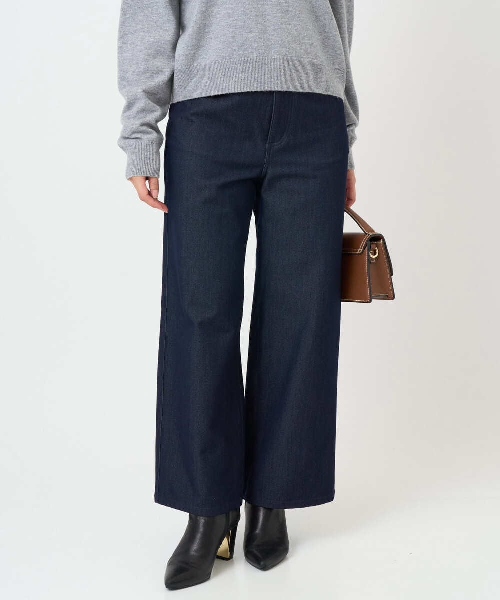 F1LAD52180 MK MICHEL KLEIN(小さいサイズ)(メゾン ドゥ サンク) 【小さいサイズ】裏起毛ブーツカットシルエットデニムワイドパンツ/洗濯機で洗える ネイビー